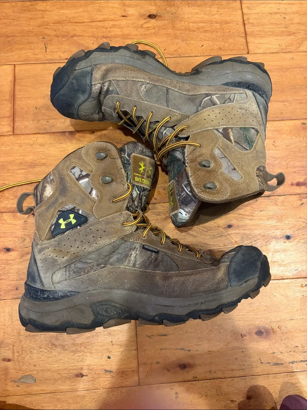 Under Armour Bozeman Brown Camo Hunting Boots with Yellow Laces